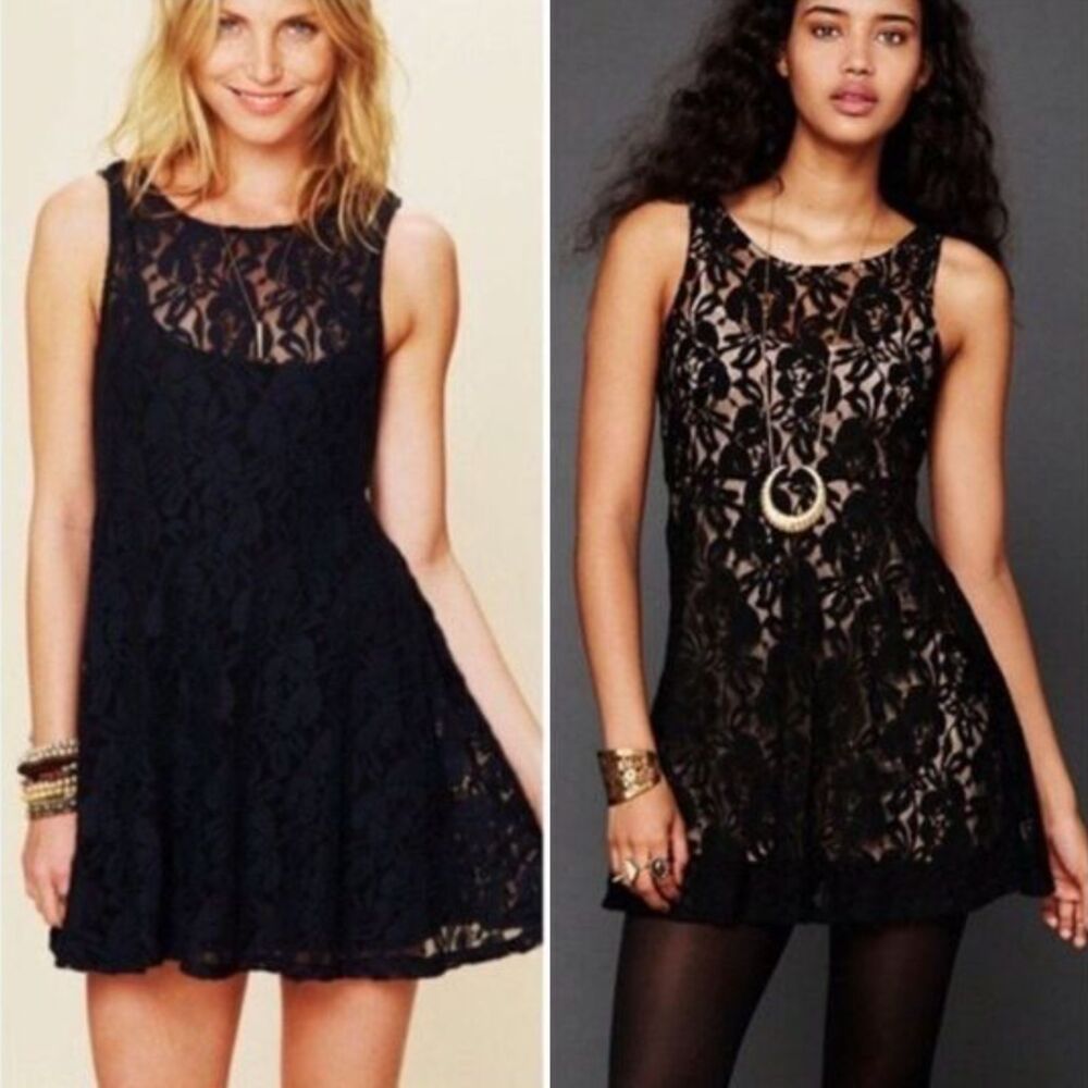Free People Black Rose Miles of Lace Skater Dress (S) Fit & Flare A-Line Overlay